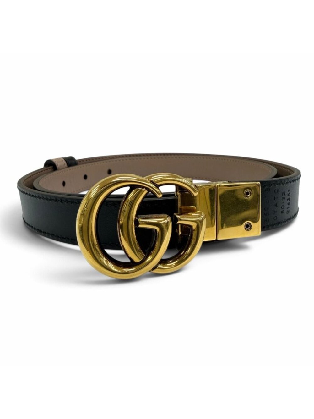 Gucci GG Emblem Reversible Slim Leather Belt Black Pink Beige Gold